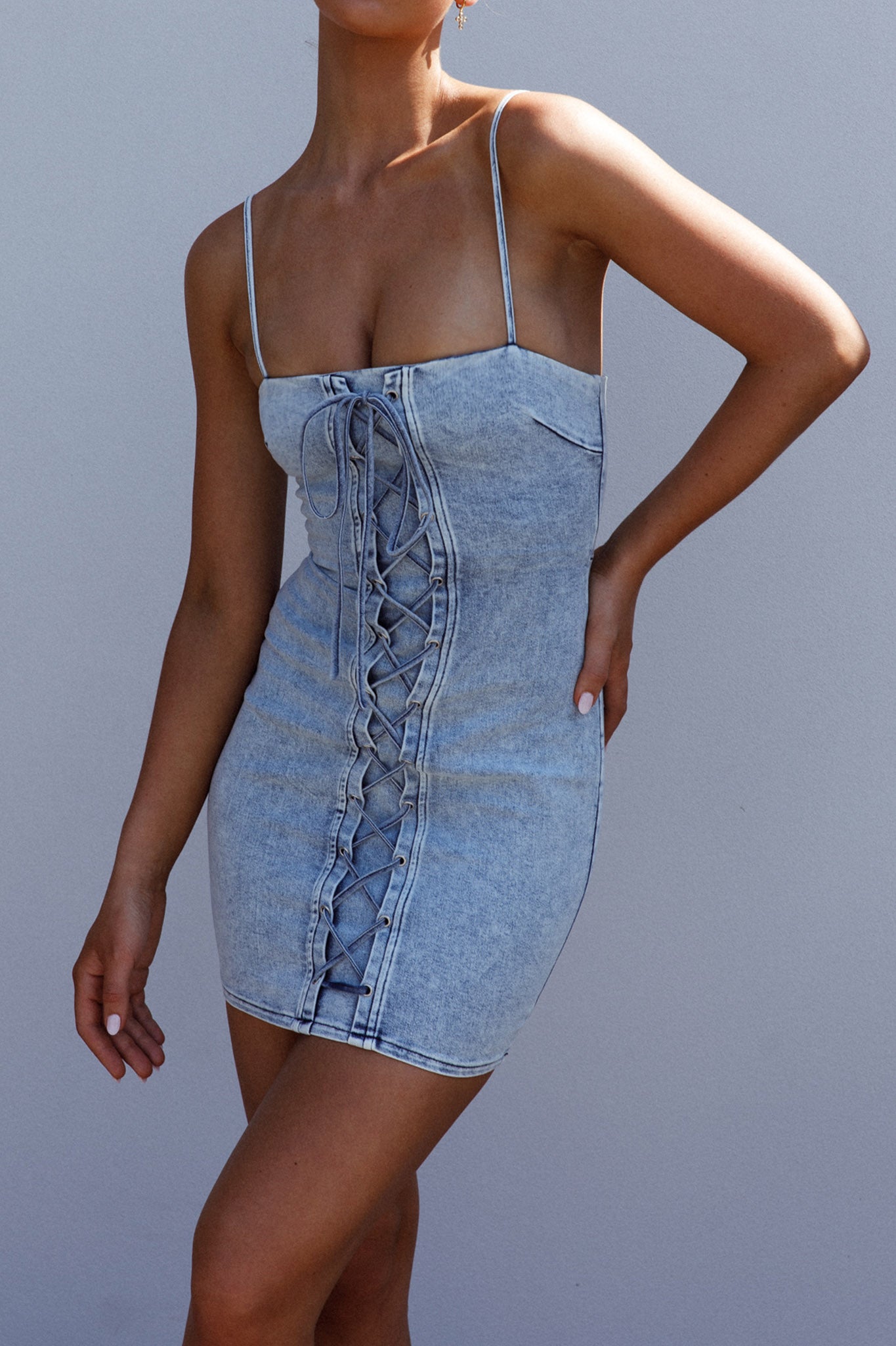 Shop the Don't Try Me Lace Up Mini Dress Denim