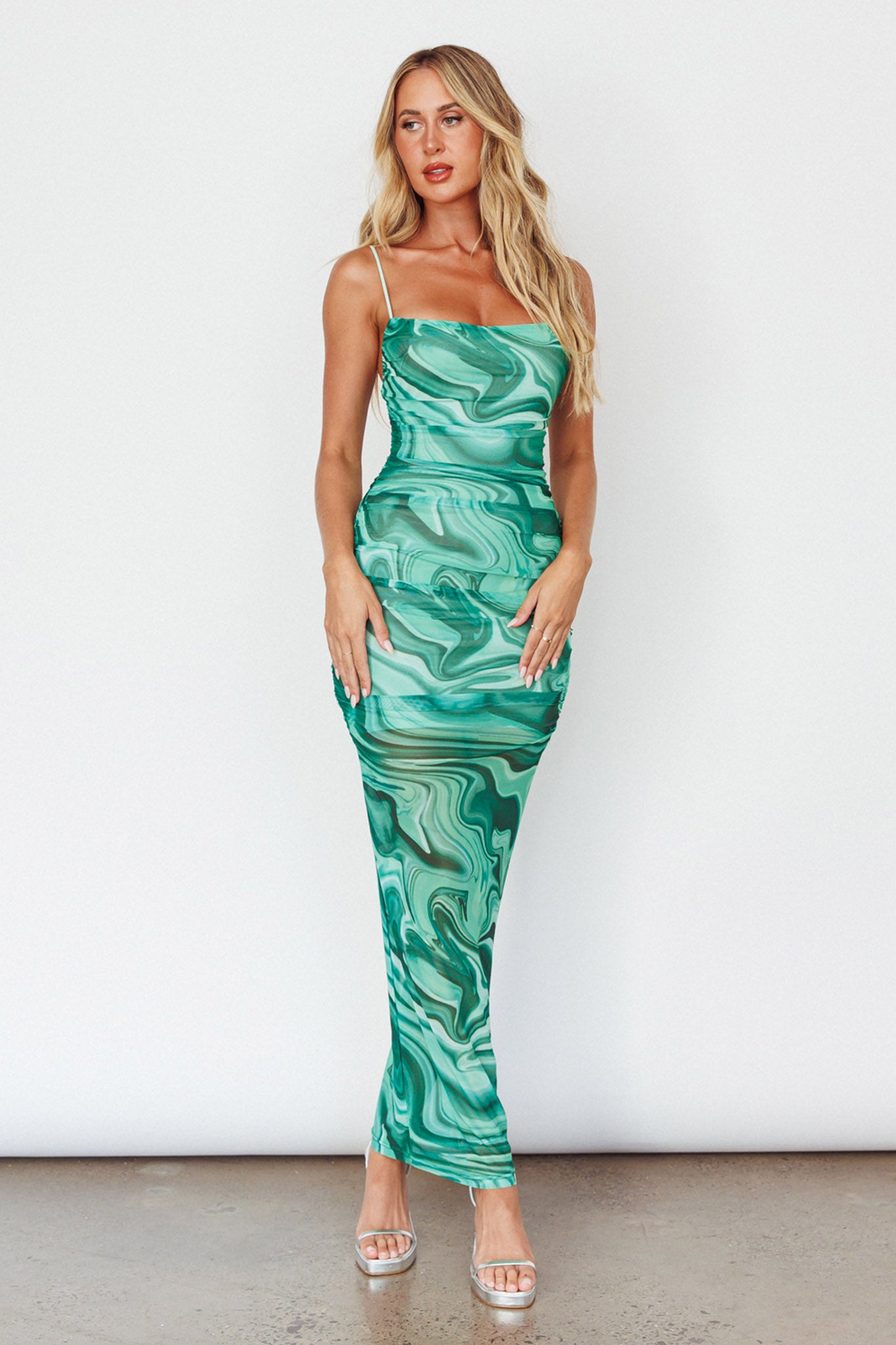 blue and green marble dress Love In Miami Lace-Up Back Maxi Dress Marble Green