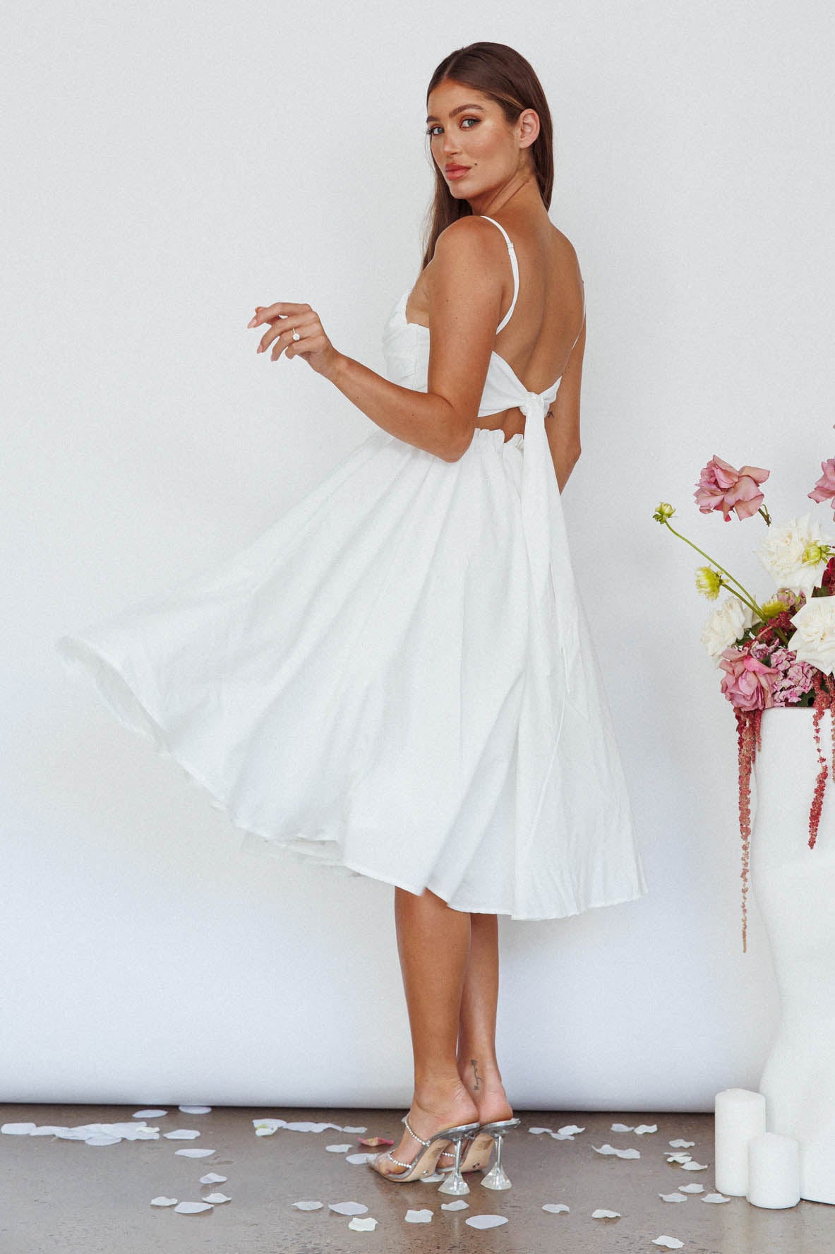 Salome Tied Back Knee Length Dress White Salome Tied Back Knee Length Dress White