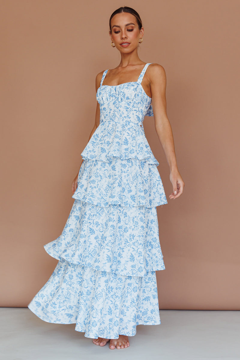 Provence Bloom Tiered Midi Dress Floral Blue