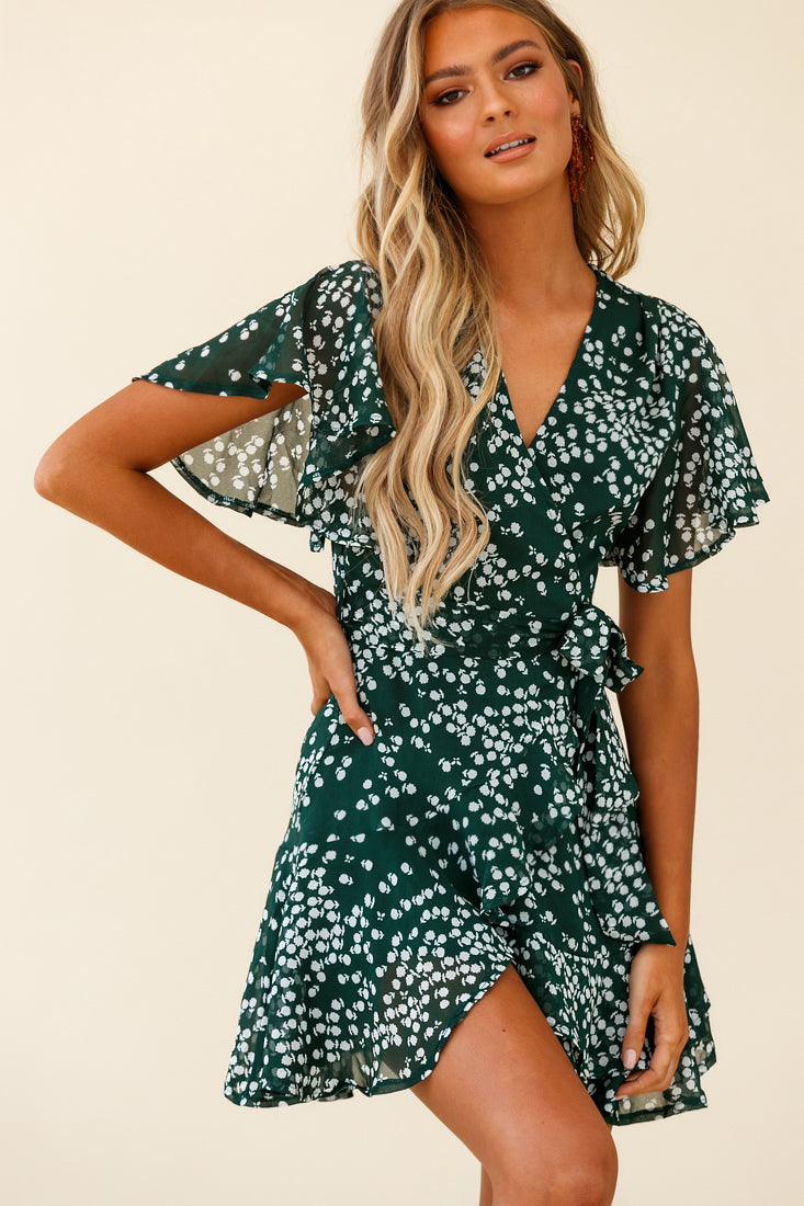Cami Angel Sleeve Faux Wrap Dress Flower Print Forest Green | Selfie Leslie