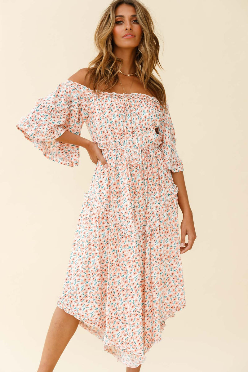 Renoir Off-Shoulder Frill Trim Dress Leaf Print White/Green