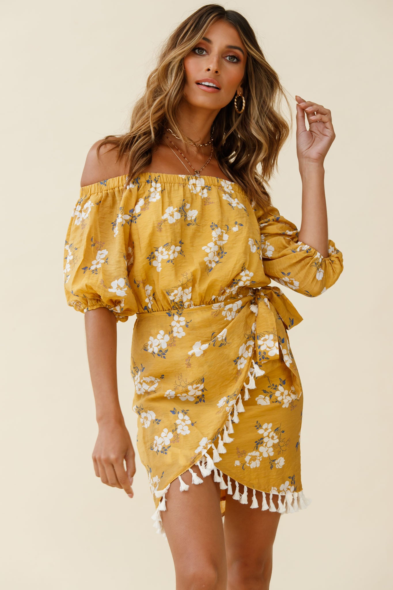 mustard yellow floral wrap dress Cayman Tassel Trim Wrap Dress Floral Print Mustard