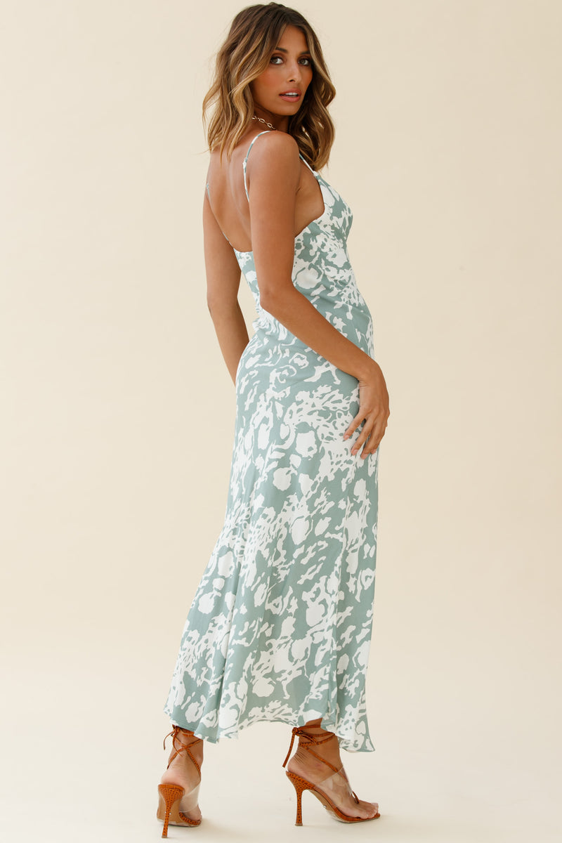 Downtown Cami Strap Front Split Midi Dress Mottle Print Green