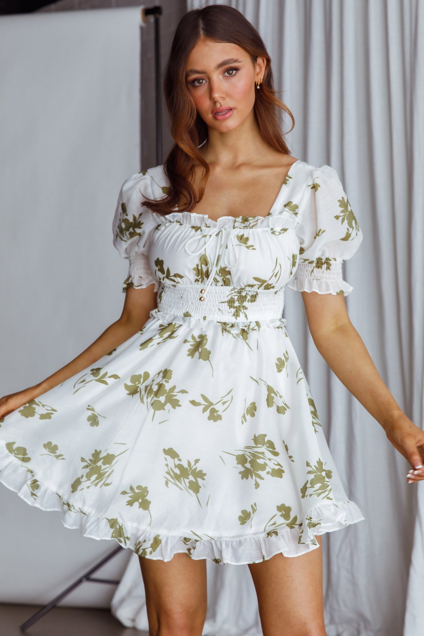 pari open back mini dress Summer In Paris Puff Sleeve Open Back Dress Floral Olive