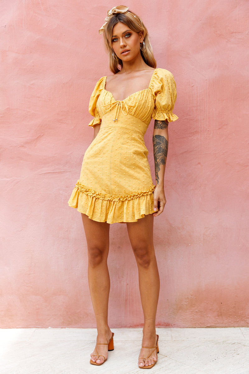 Shop the Hayden Puff Sleeve Eyelet Embroidery Dress Yellow Selfie Leslie