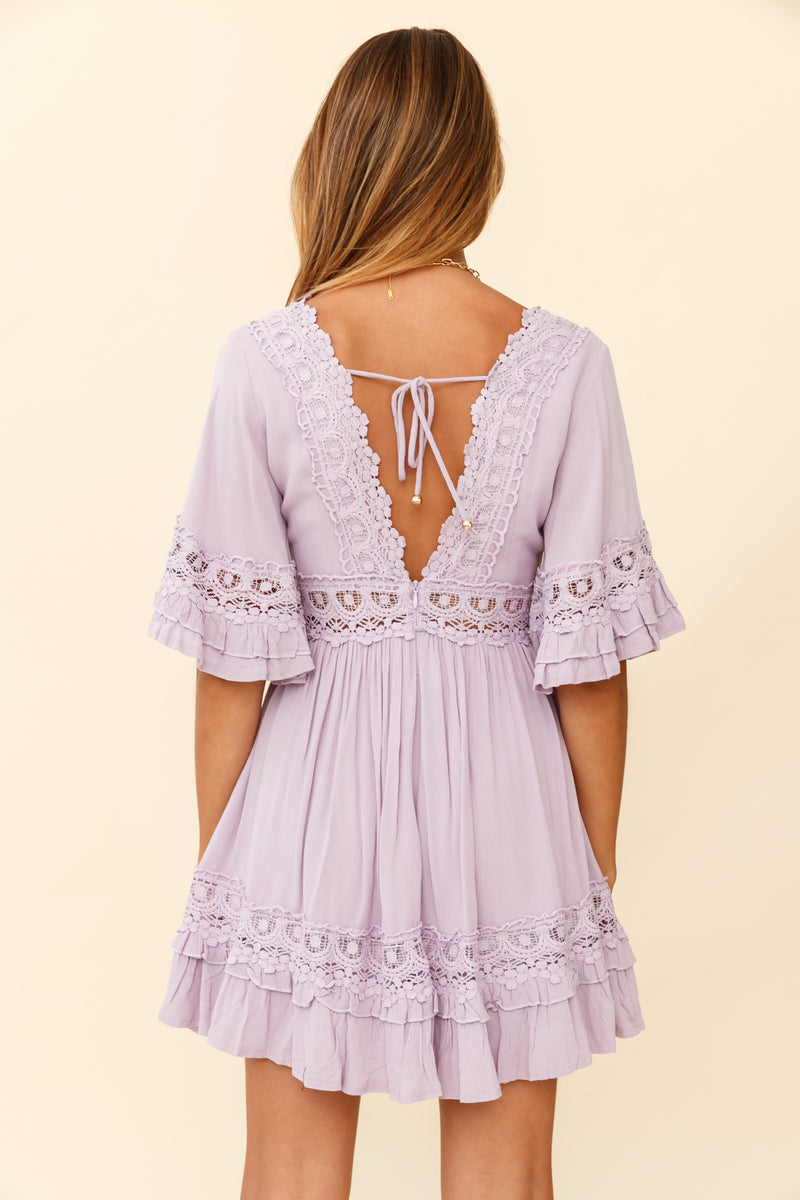 Cutout Back Lace Crochet V-Neck Dress