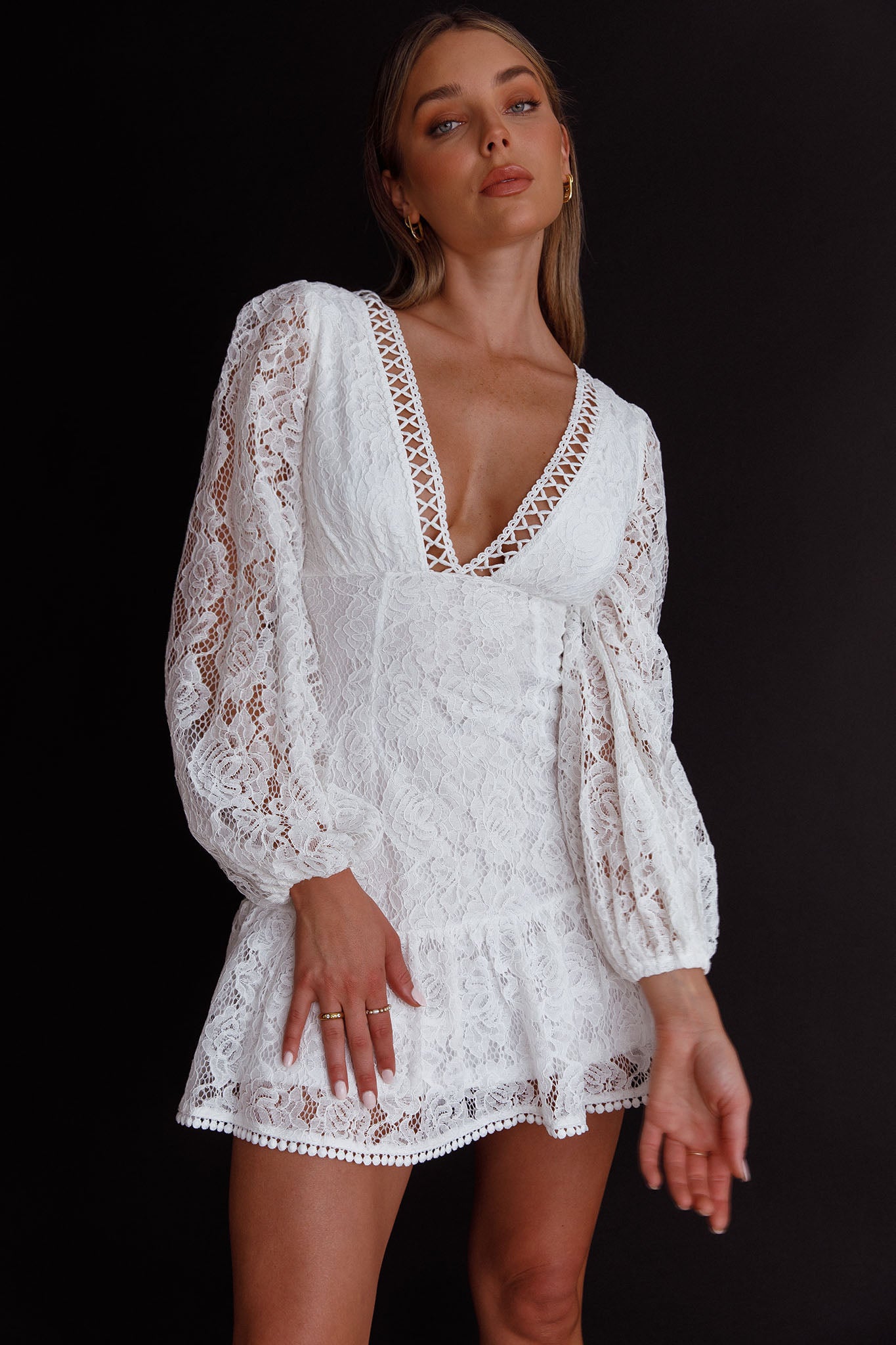 White Long Sleeve Summer Dress White Viscose Mini Dress With Long Balloon Sleeves Flowy A-Line White Long Sleeve Summer Dress White Viscose Mini Dress With Long Balloon Sleeves Flowy A-Line