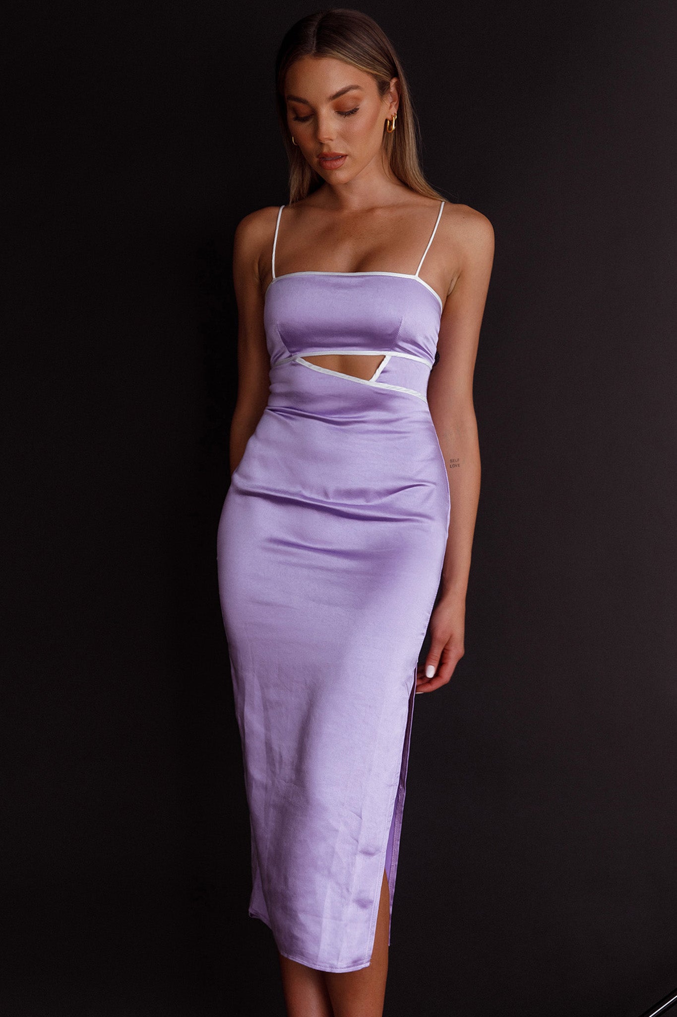 lilac midi bodycon dress Lilac Satin Cowl Neck Midi Bodycon Dress