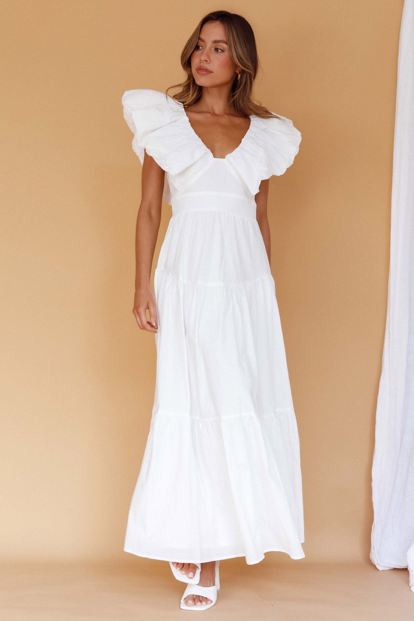 Kahlo Puffed Ruffle Neckline Maxi Dress White Kahlo Puffed Ruffle Neckline Maxi Dress White