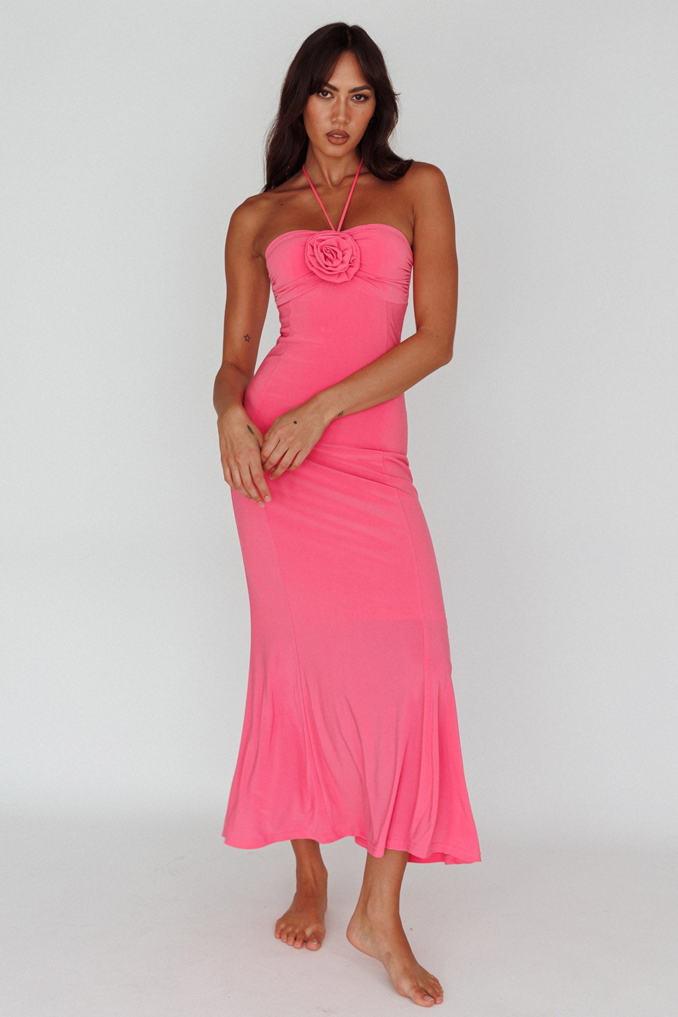 Ibiza Sunset Bust Flower Midi Dress Hot Pink - L Ibiza Sunset Bust Flower Midi Dress Hot Pink - L
