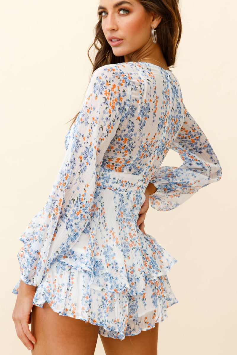 Maddox Fit & Flare Long Sleeve Romper Floral Lace White