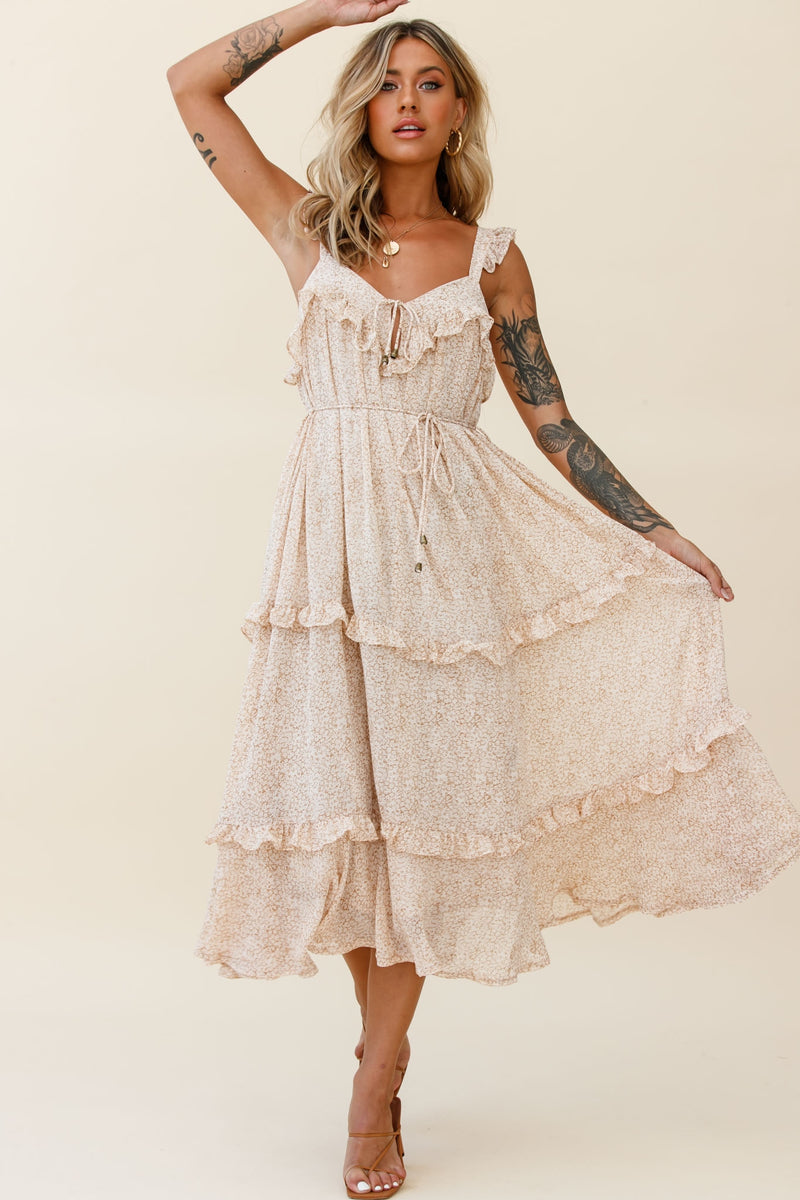 Shop the Priscilla Frill Detail Maxi Dress Floral Print Beige