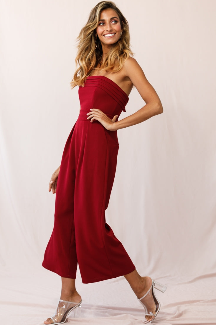 Shop the Chosen Strapless Wide Leg Jumpsuit Wine