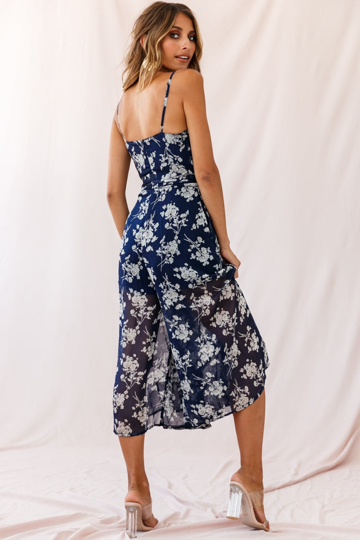 Shop the Constance Thin Strap Midi Jumpsuit Navy/White Flower