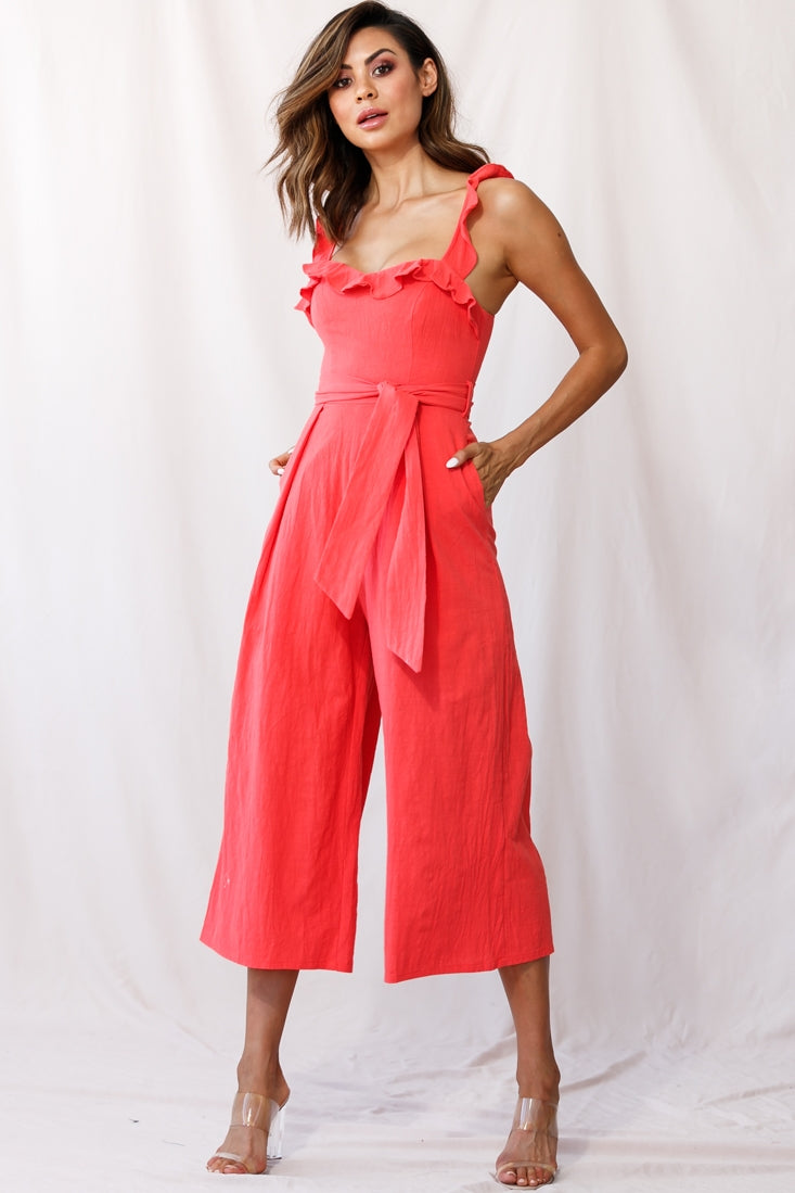 open lace back dress Kaia Ruffle Strap Wide-Leg Capri Jumpsuit Red– Selfie Leslie