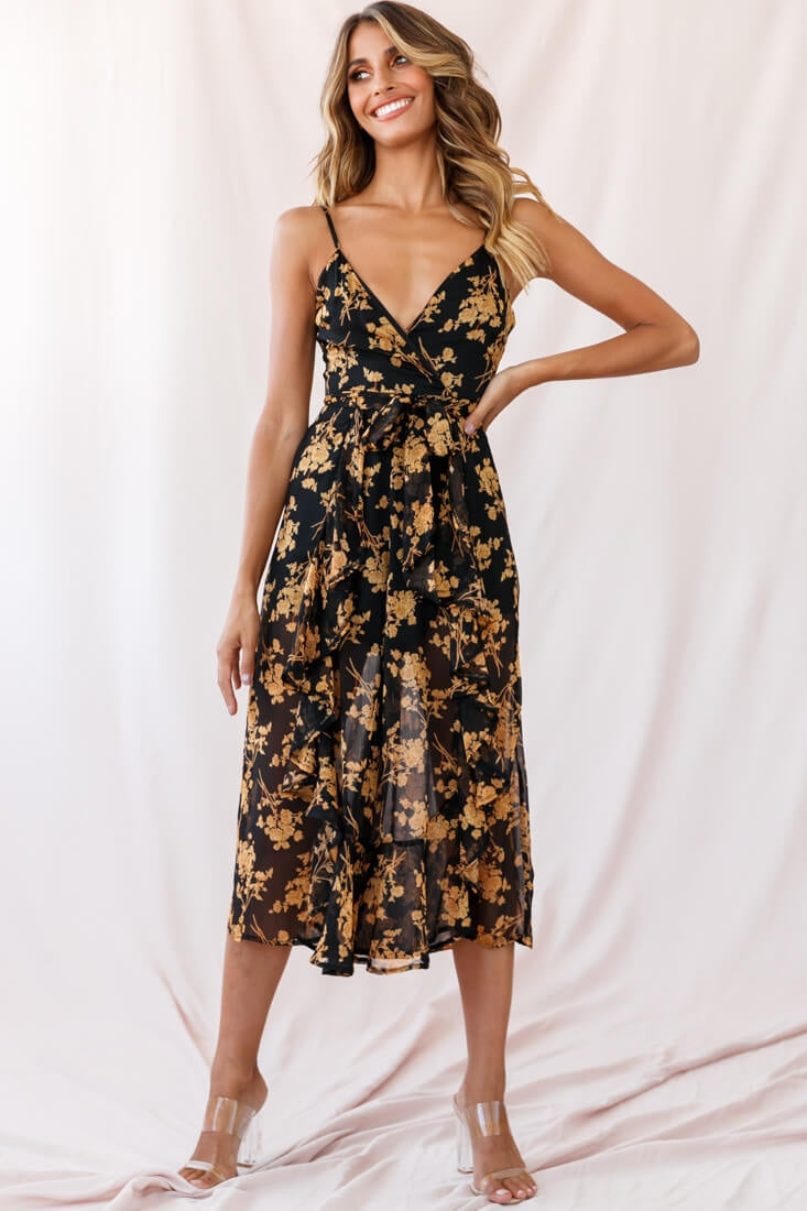 orange and black midi dress Constance Thin Strap Midi Jumpsuit Black/Orange Flower– Selfie Leslie