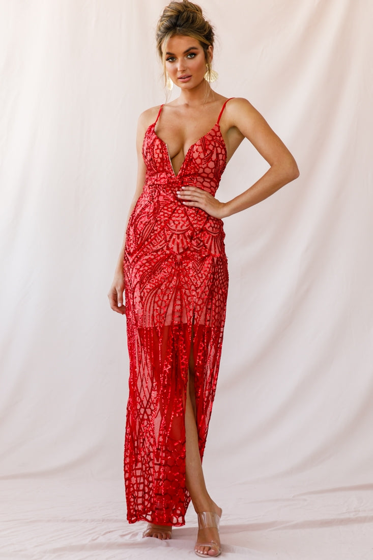 Miya Sequin Overlay Plunging Neckline Dress Red– Selfie Leslie