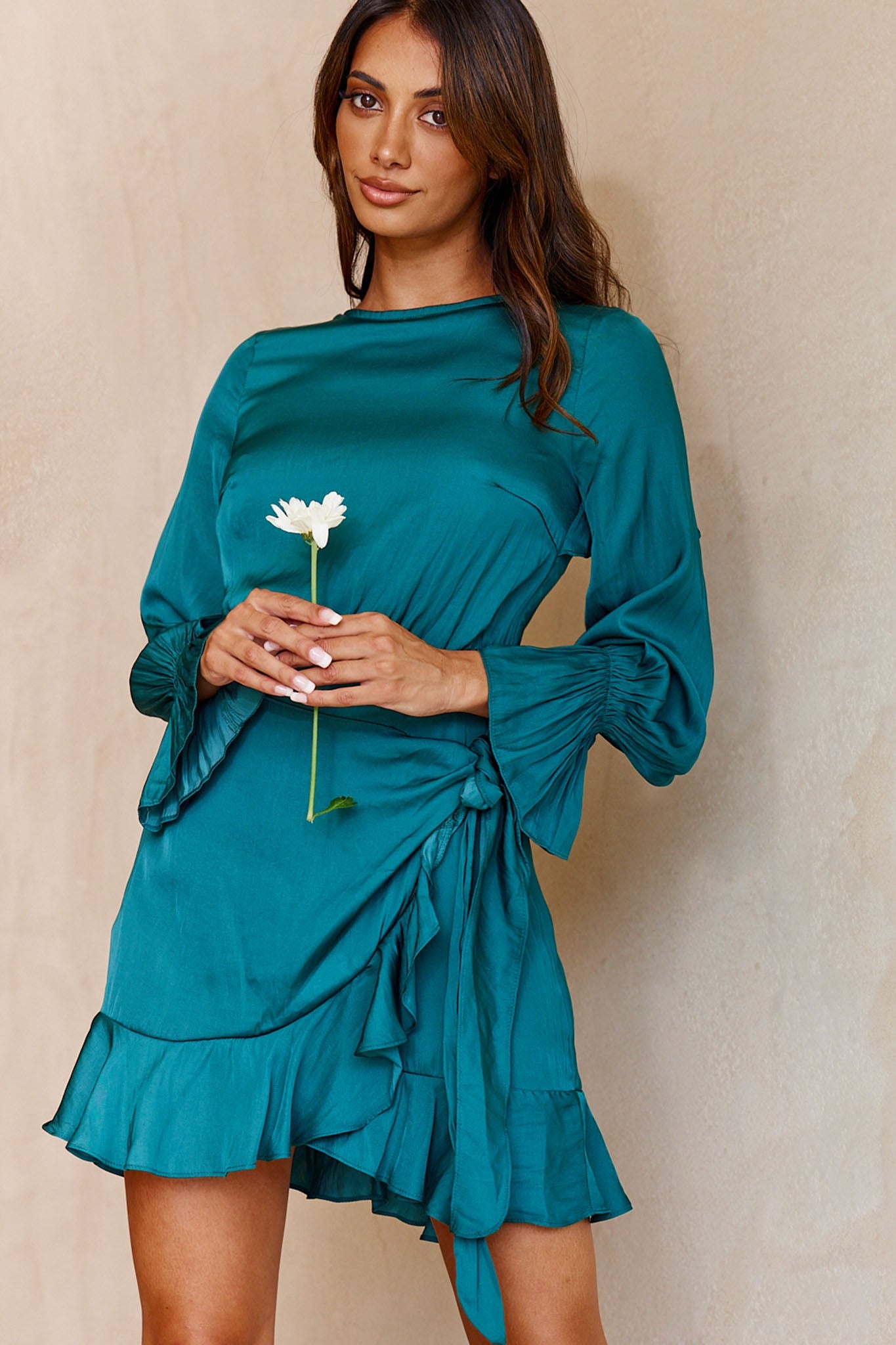 Darla Long Sleeve Satin Dress Forest Green Darla Long Sleeve Satin Dress Forest Green