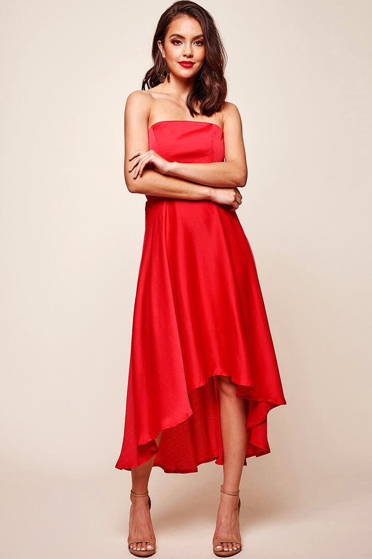 Shop the Mia Strapless A-Line Midi Dress Red
