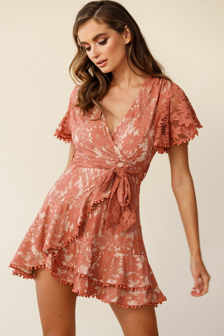 Cami Angel Sleeve Faux Wrap Dress Lace Rose - L Cami Angel Sleeve Faux Wrap Dress Lace Rose - L