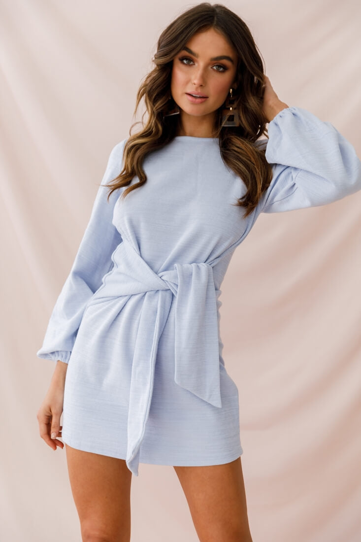 Rapt Waist Tie Bishop Sleeve Knit Dress Steel Blue Rapt Waist Tie Bishop Sleeve Knit Dress Steel Blue