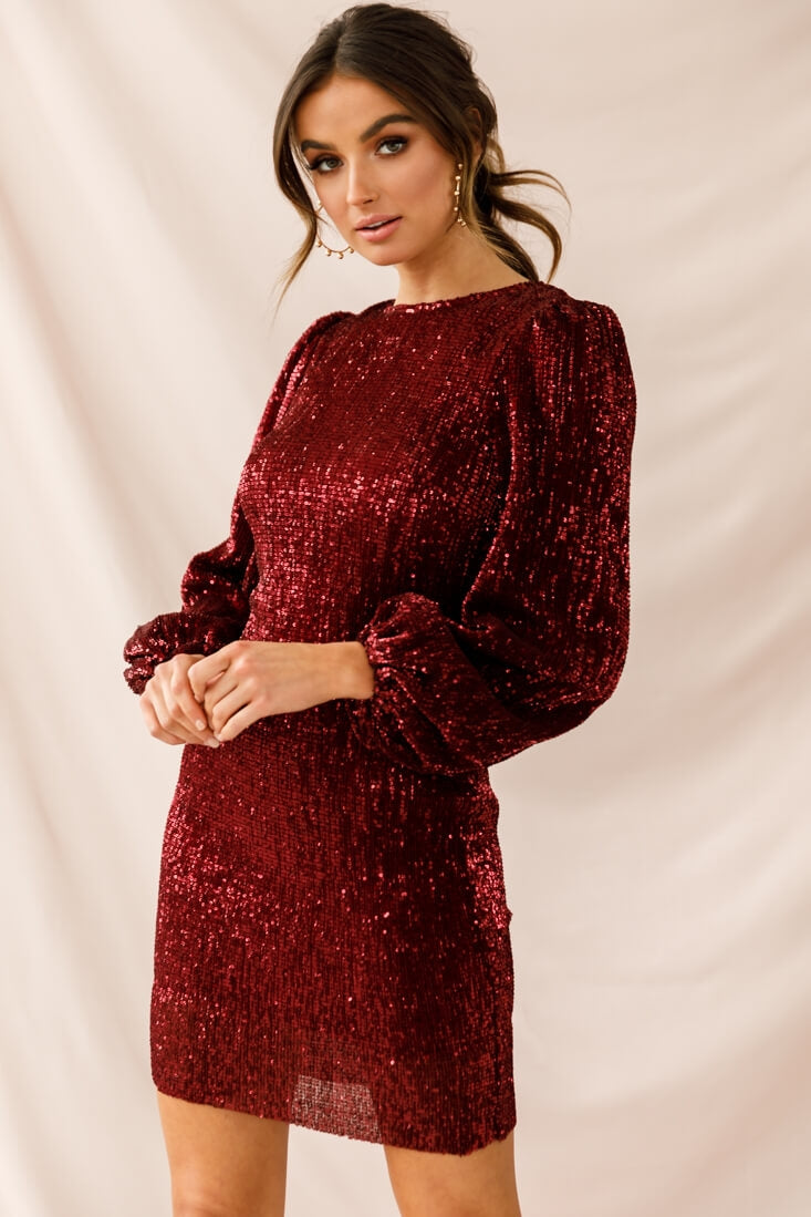 Tinsel Long Sleeve Sequin Mini Dress Plum– Selfie Leslie