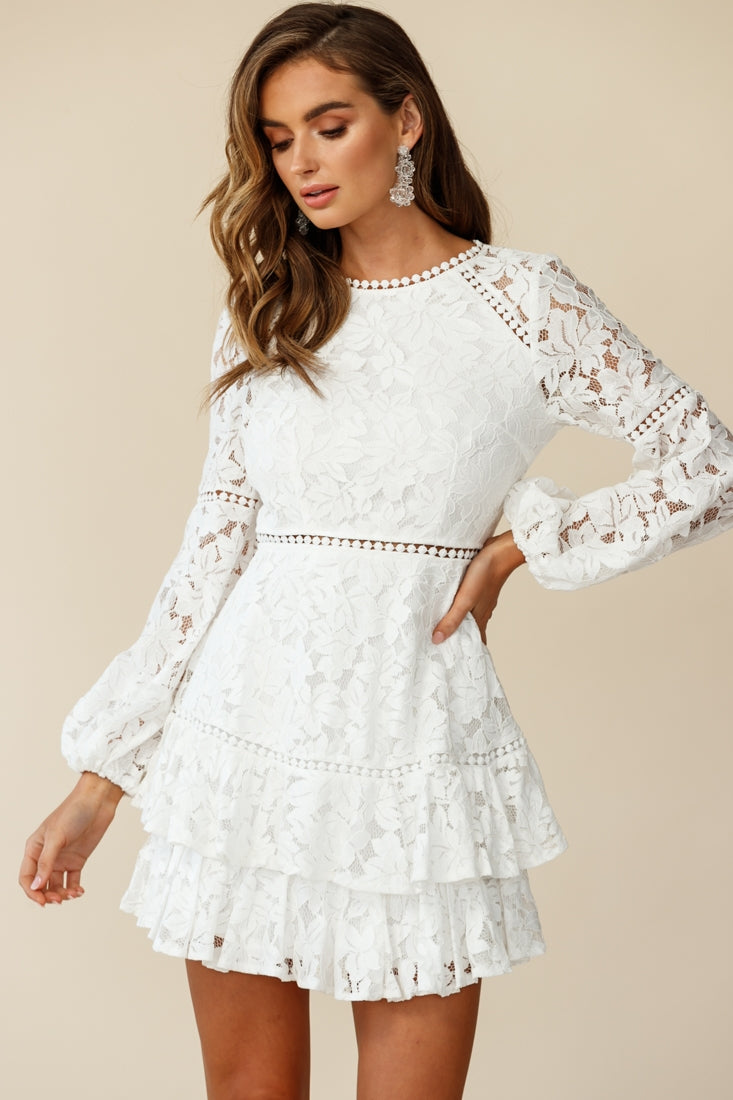 Henrietta Lace Overlay Long Sleeve Ruffle Dress White Henrietta Lace Overlay Long Sleeve Ruffle Dress White