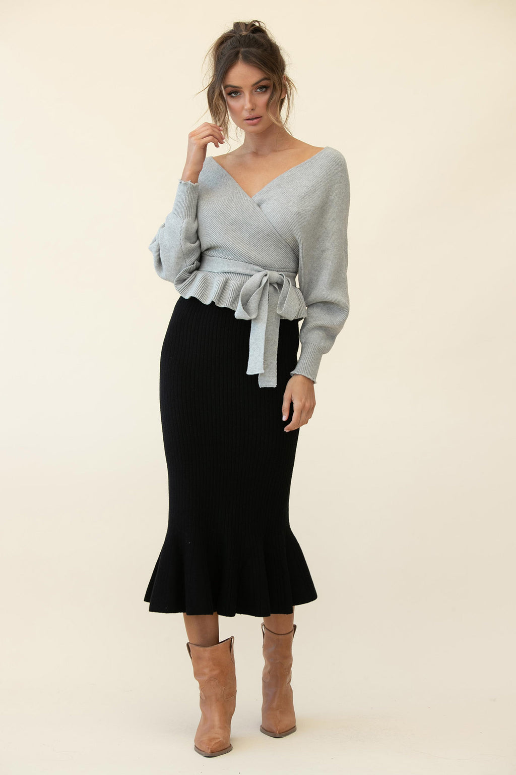 Shalon Ribbed Knit Fluted Hem Midi Dress Antique Black by Selfie Leslie