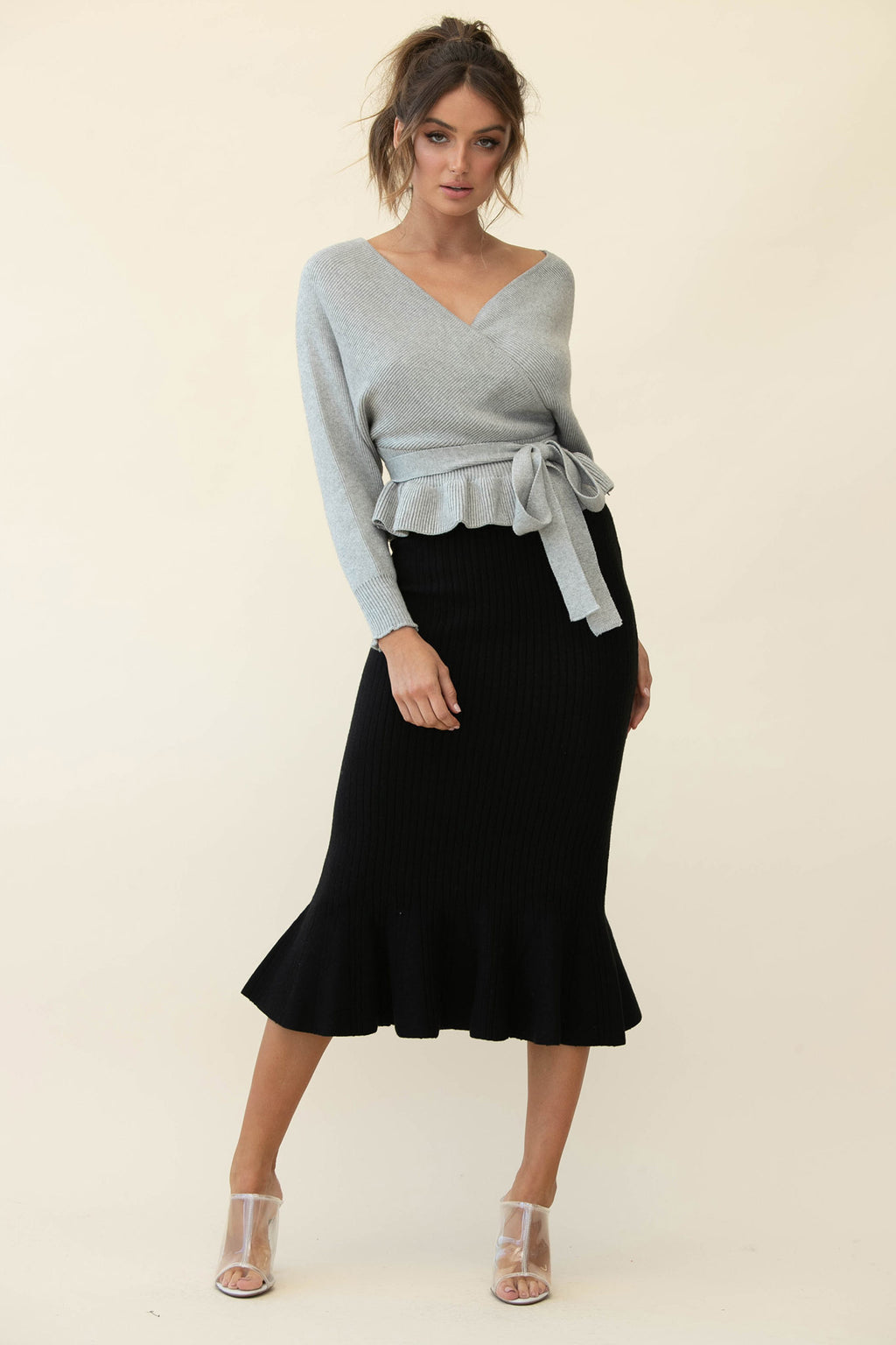 Shalon Ribbed Knit Fluted Hem Midi Dress Antique Black by Selfie Leslie