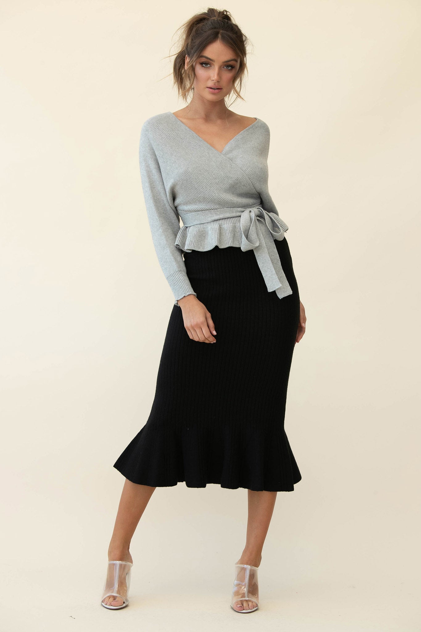 Shalon Ribbed Knit Fluted Hem Midi Dress Antique Black by Selfie Leslie