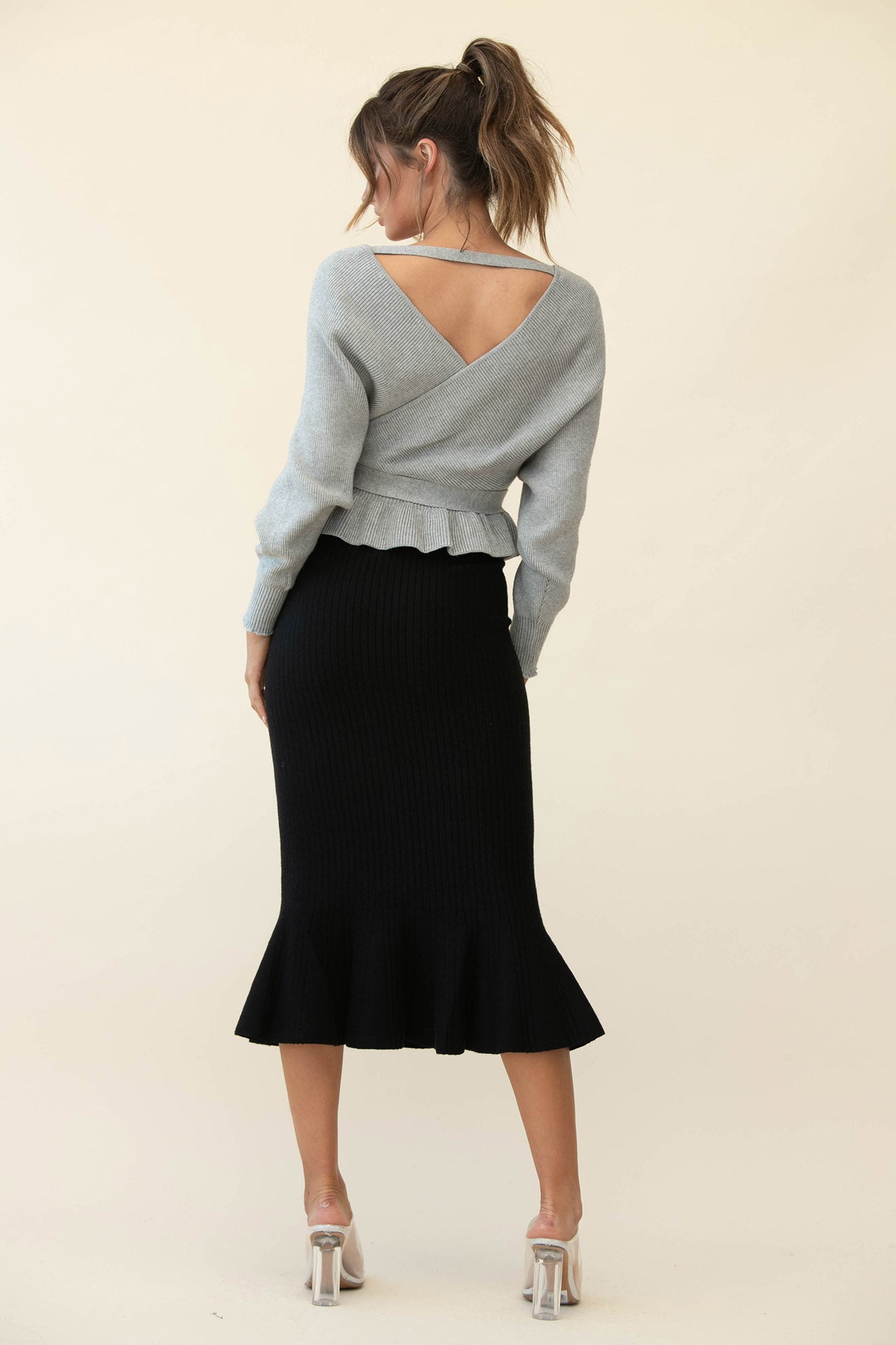 Shalon Ribbed Knit Fluted Hem Midi Dress Antique Black by Selfie Leslie