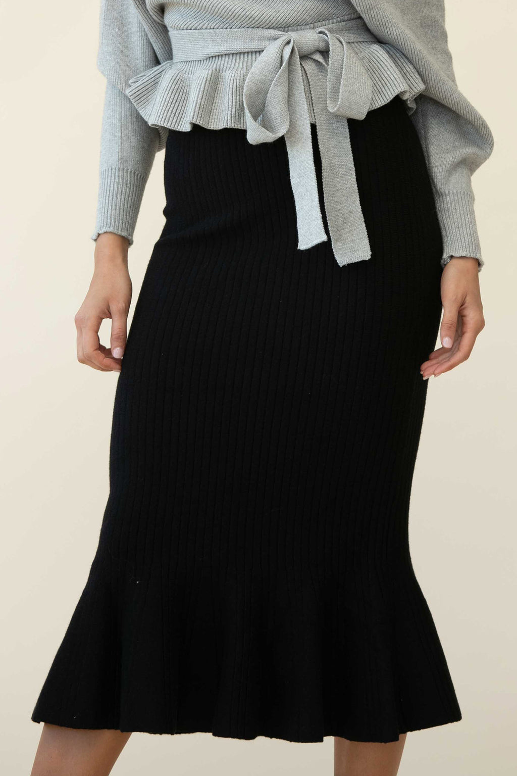Shalon Ribbed Knit Fluted Hem Midi Dress Antique Black by Selfie Leslie
