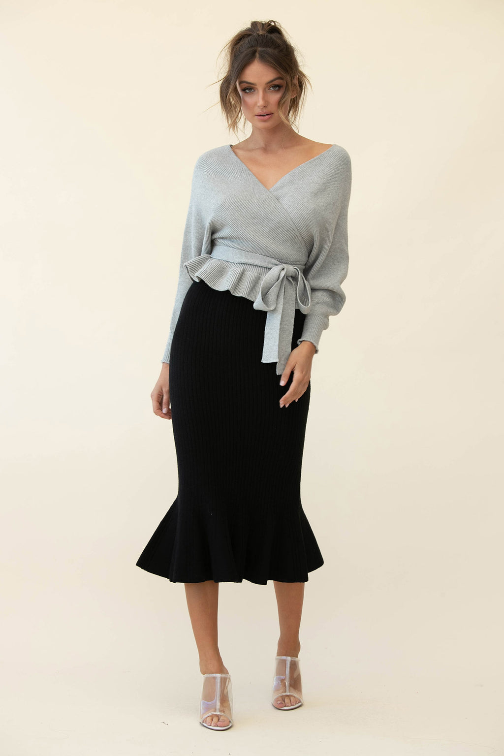 Shalon Ribbed Knit Fluted Hem Midi Dress Antique Black by Selfie Leslie