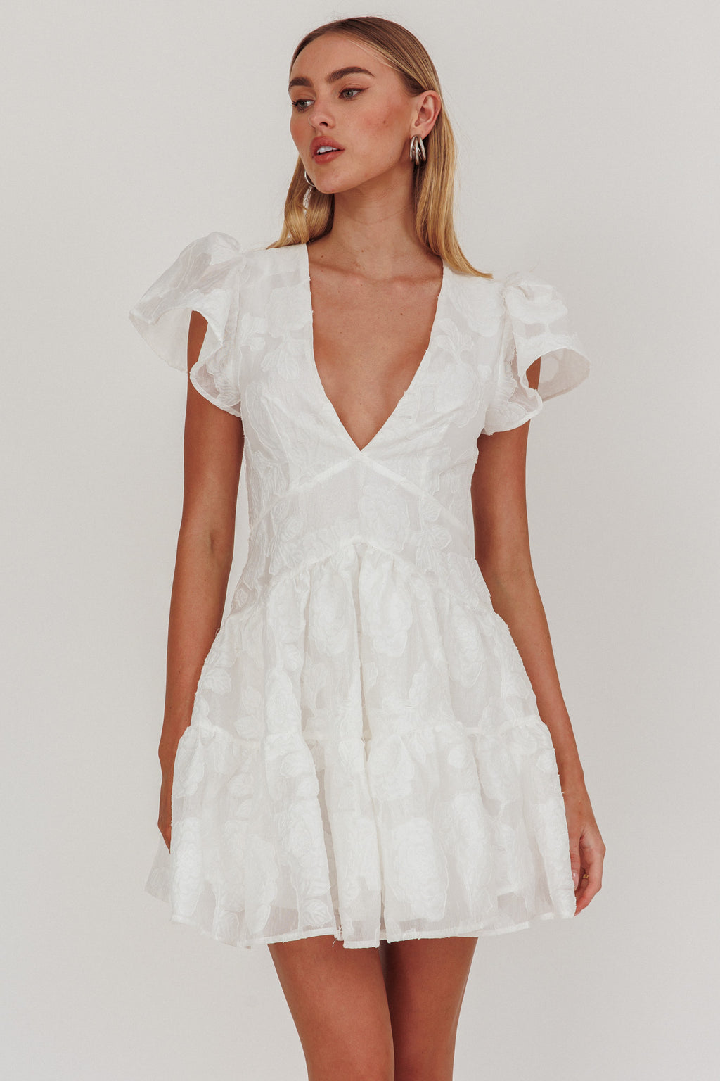 Irenna Ruffle Sleeve V-Neck Mini Dress Textured White by Selfie Leslie