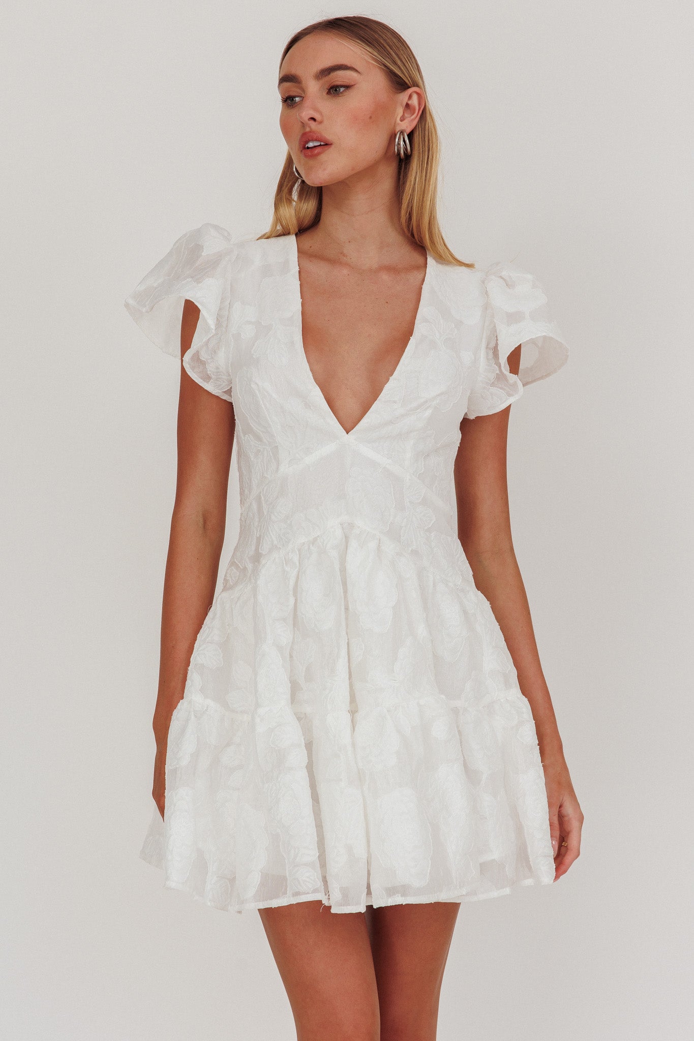 Irenna Ruffle Sleeve V-Neck Mini Dress Textured White by Selfie Leslie