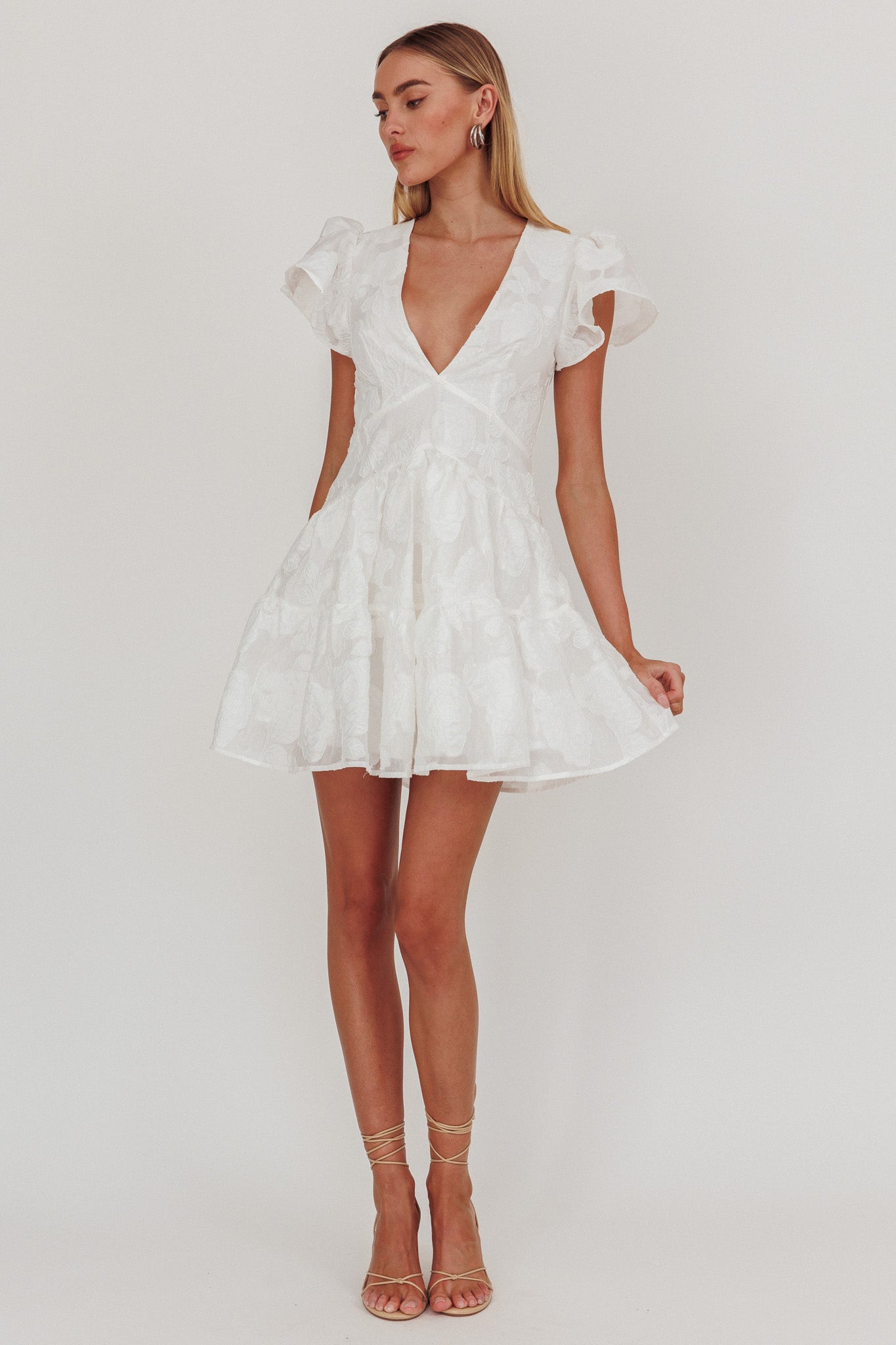 Irenna Ruffle Sleeve V-Neck Mini Dress Textured White by Selfie Leslie