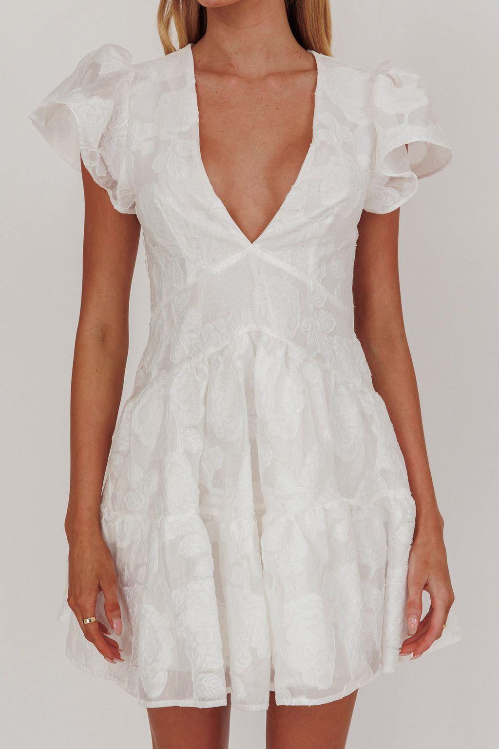 Irenna Ruffle Sleeve V-Neck Mini Dress Textured White by Selfie Leslie