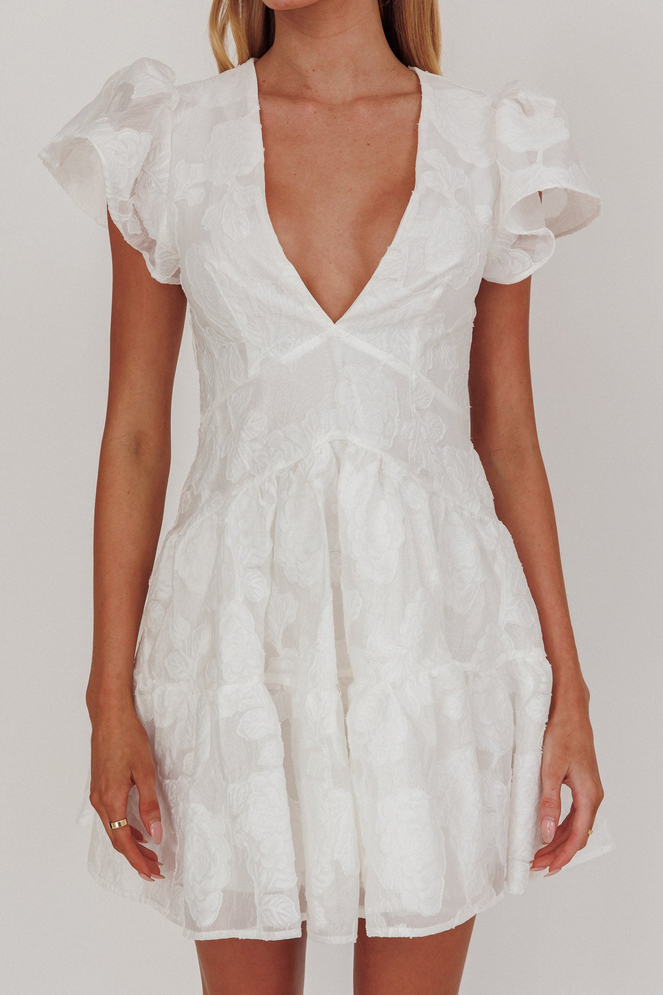 Irenna Ruffle Sleeve V-Neck Mini Dress Textured White by Selfie Leslie