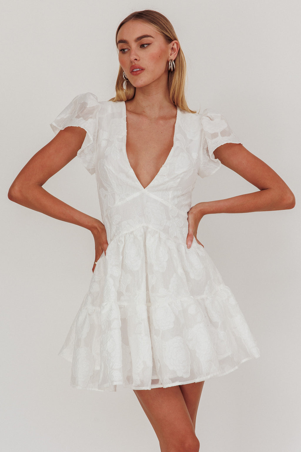 Irenna Ruffle Sleeve V-Neck Mini Dress Textured White by Selfie Leslie