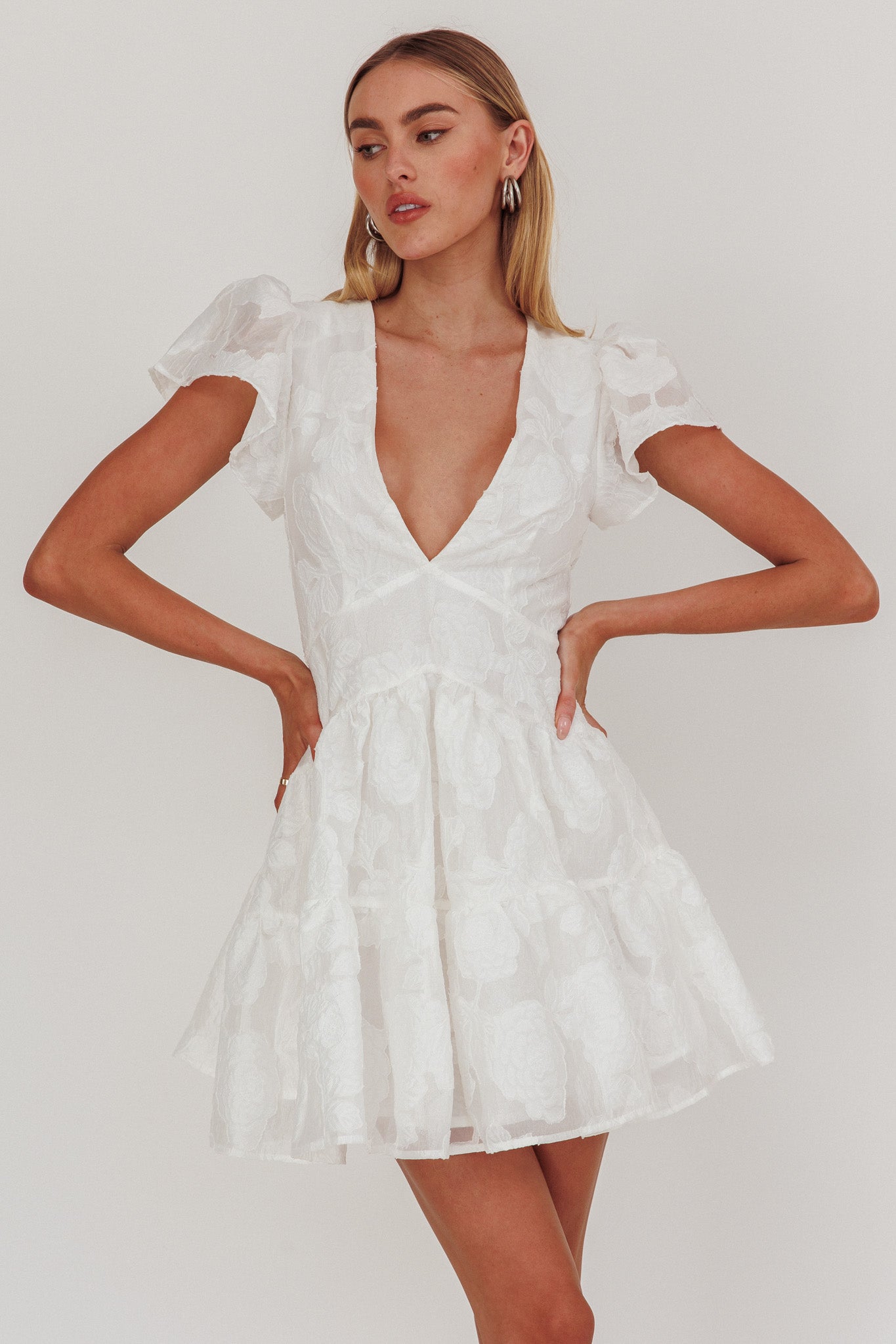 Irenna Ruffle Sleeve V-Neck Mini Dress Textured White by Selfie Leslie