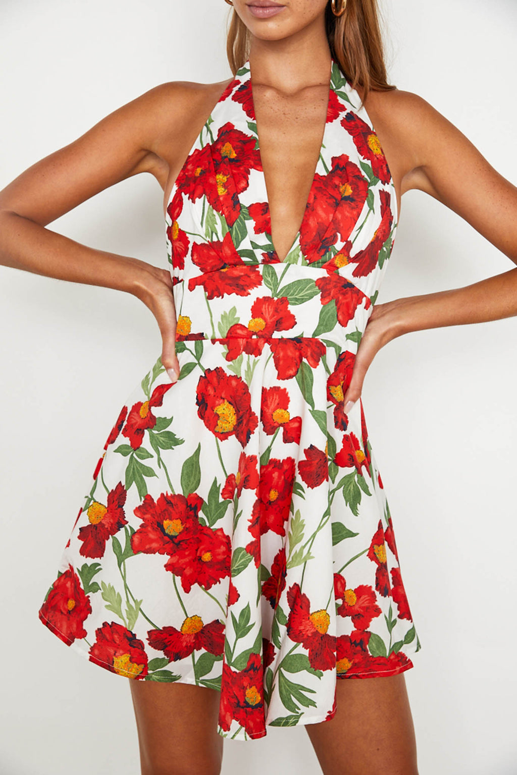 Ariana Halterneck Mini Dress Floral White/Red by Selfie Leslie