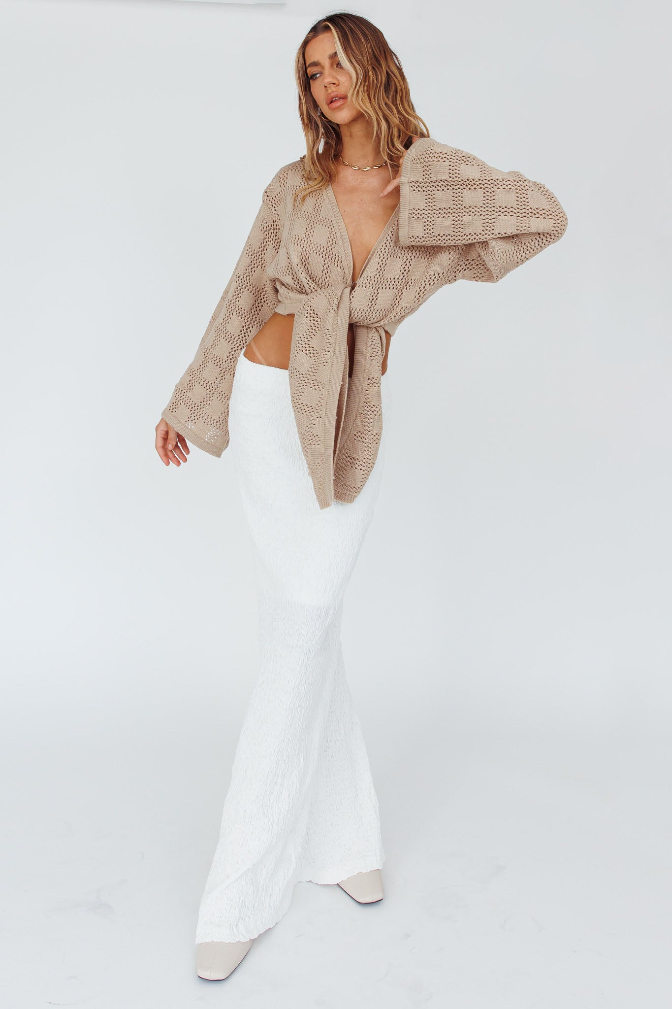 Rivera Deep-V Waist-Tie Top Crochet Sand by Selfie Leslie