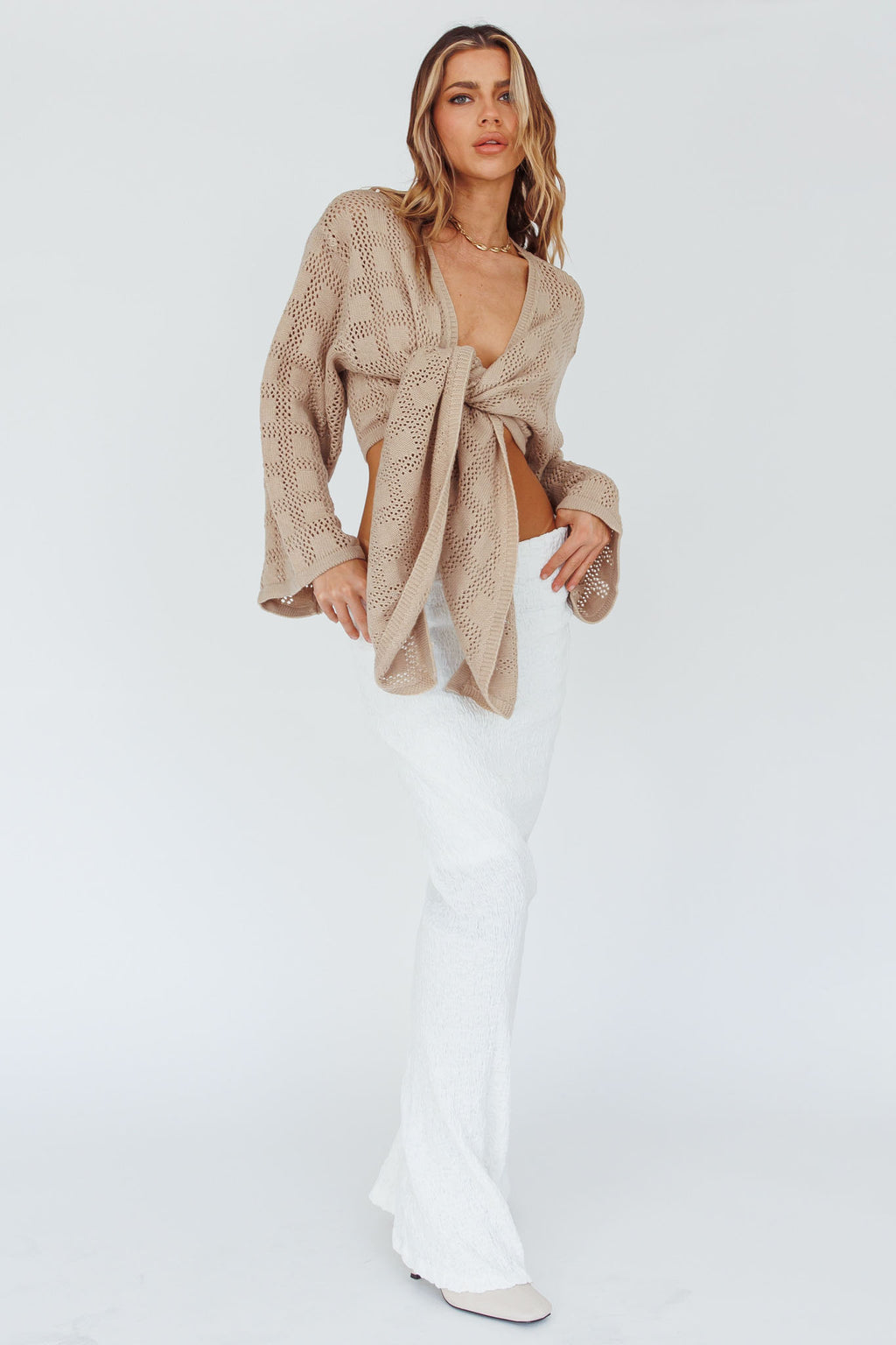 Rivera Deep-V Waist-Tie Top Crochet Sand by Selfie Leslie