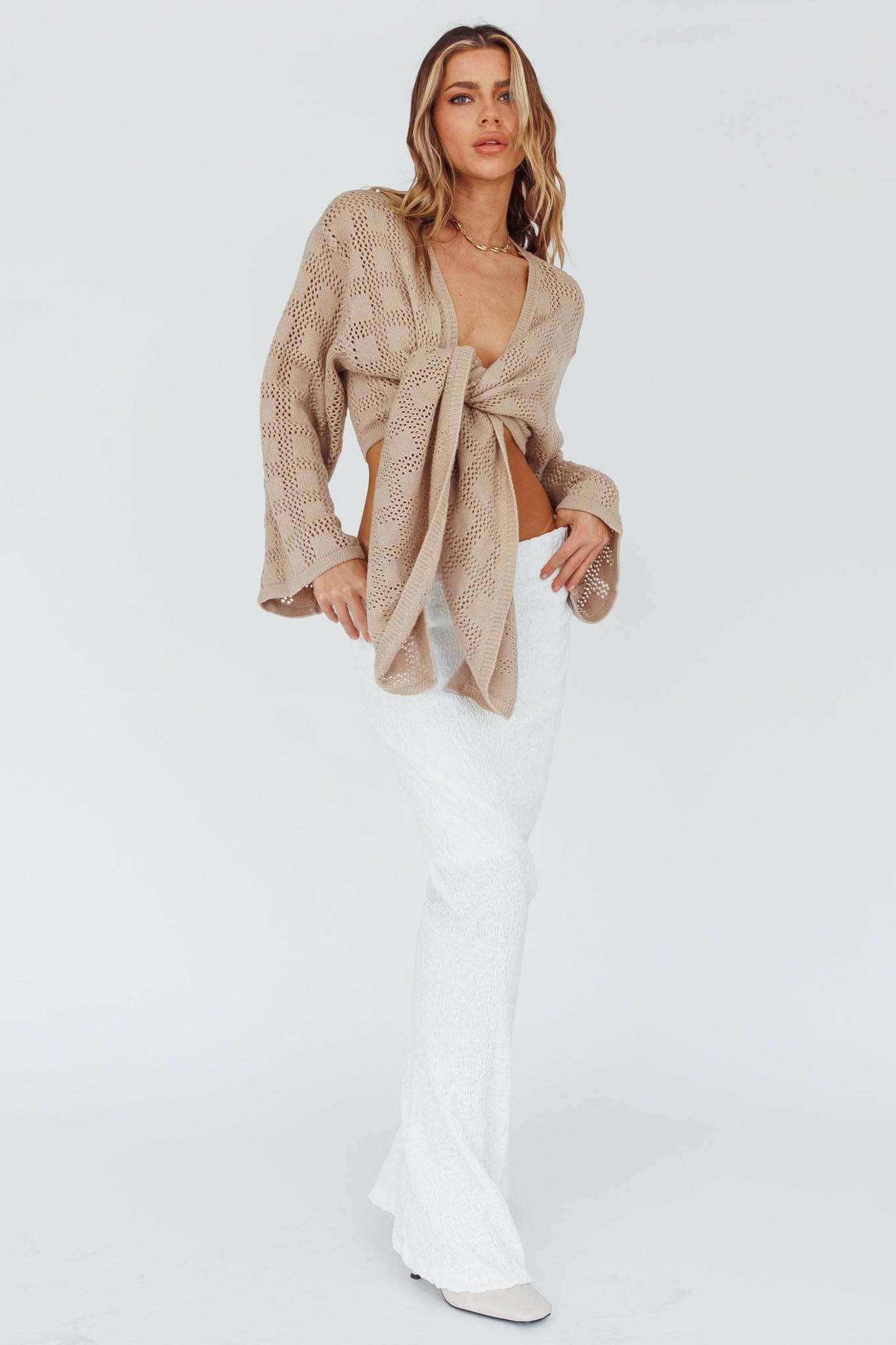 Rivera Deep-V Waist-Tie Top Crochet Sand by Selfie Leslie