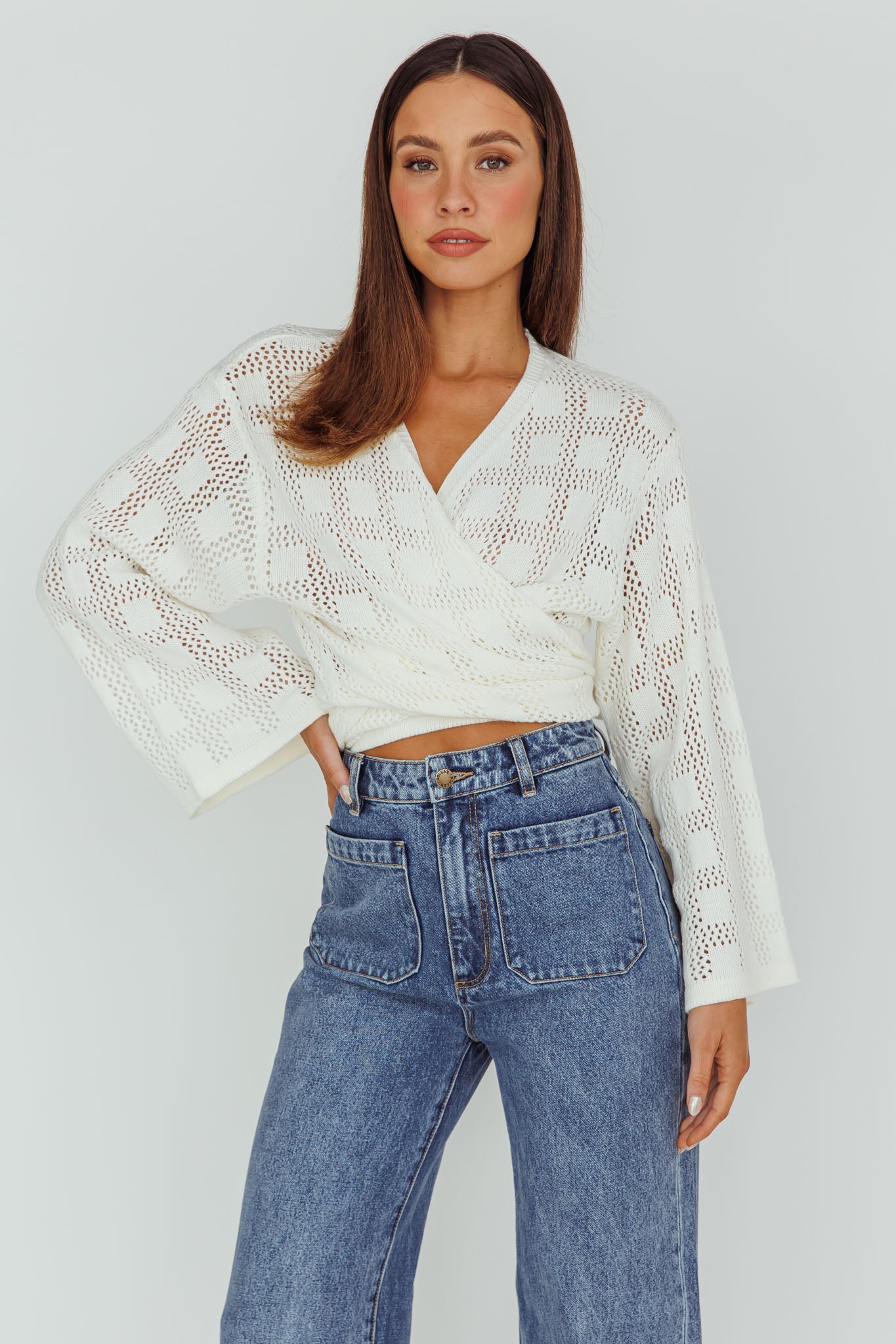 Rivera Deep-V Waist-Tie Top Crochet White by Selfie Leslie