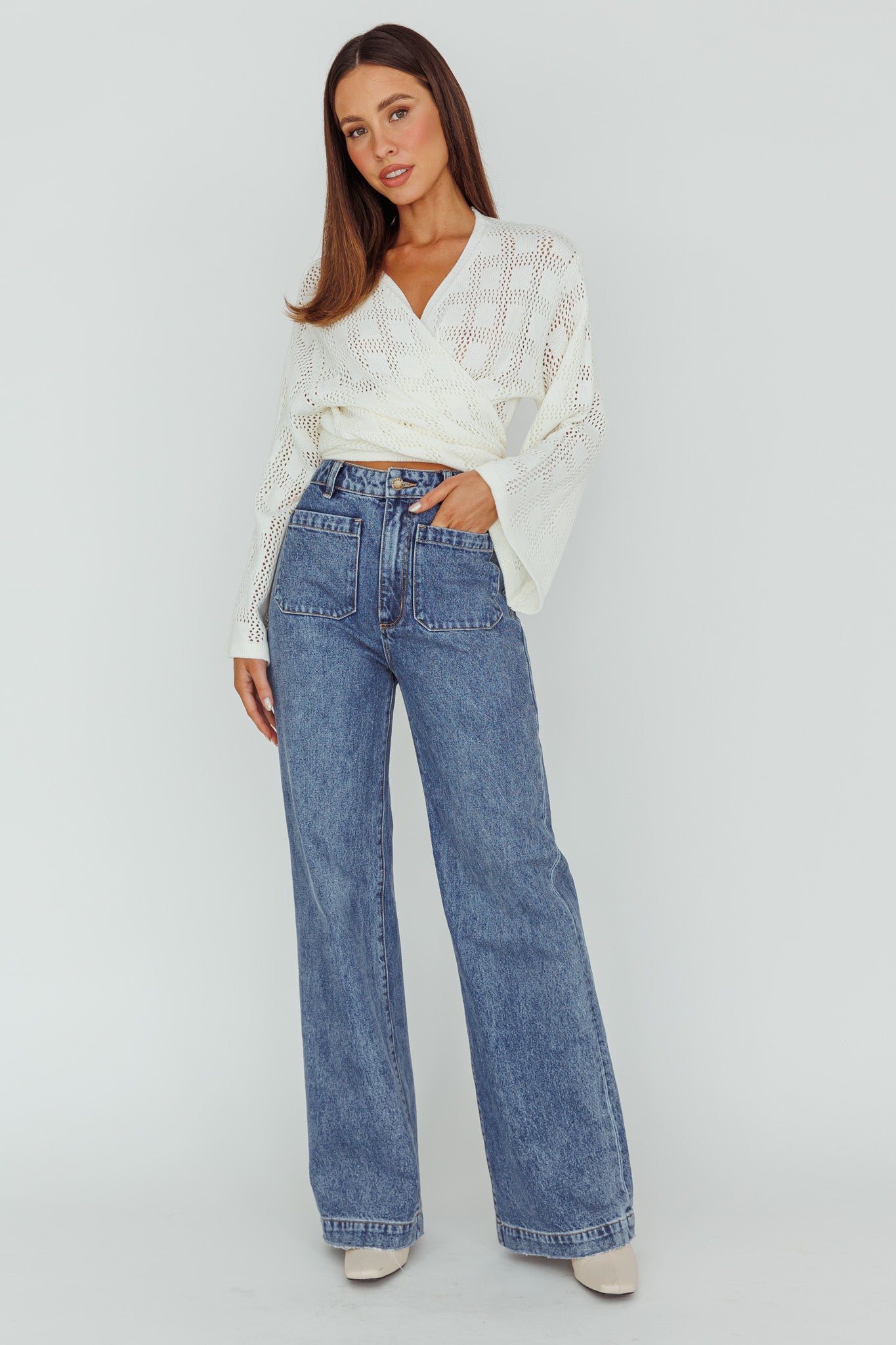 Rivera Deep-V Waist-Tie Top Crochet White by Selfie Leslie