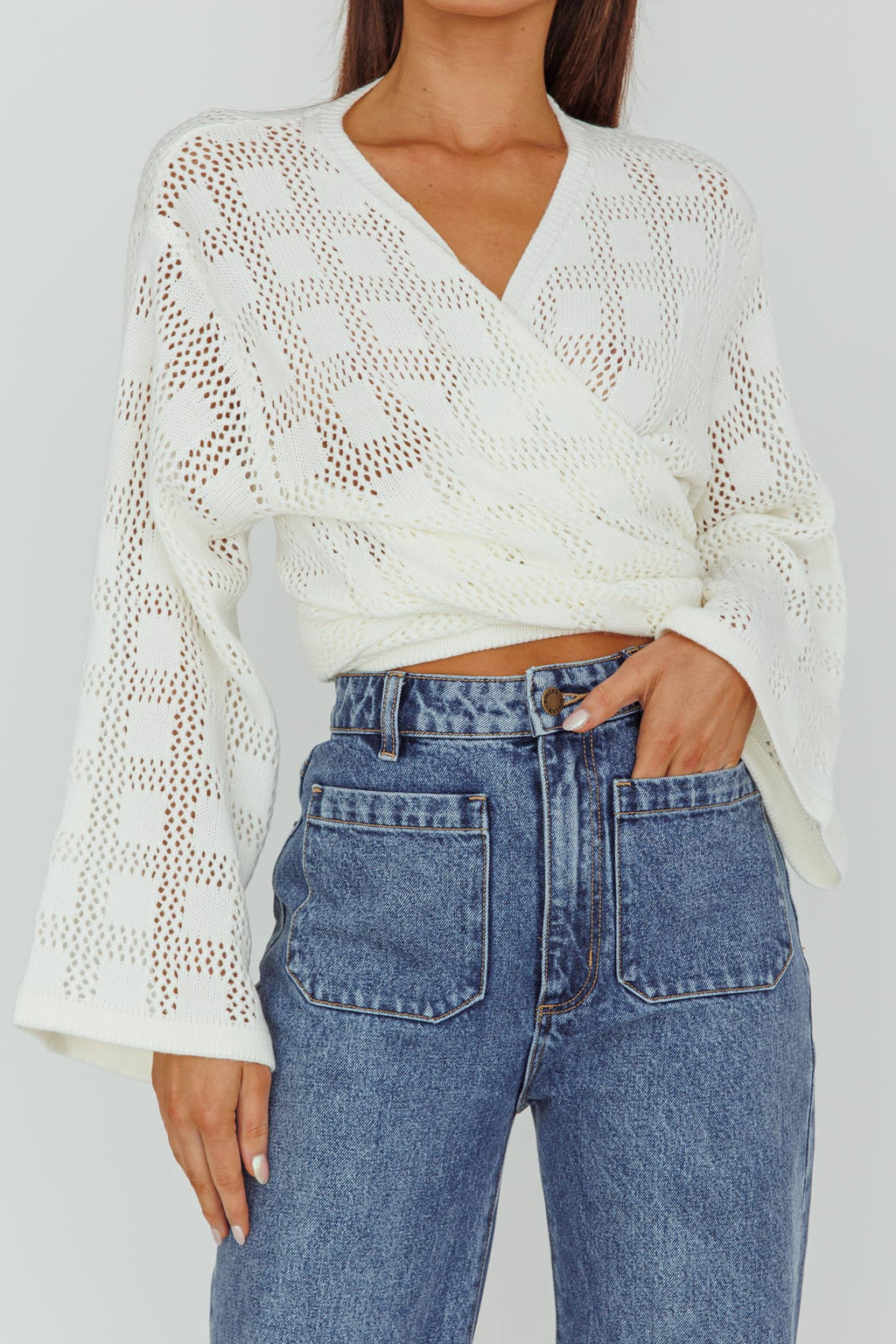 Rivera Deep-V Waist-Tie Top Crochet White by Selfie Leslie