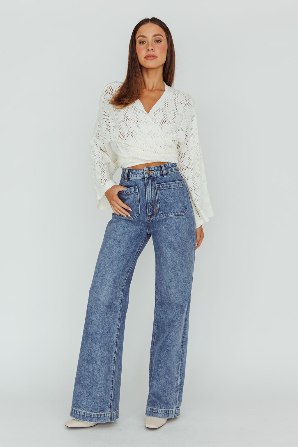 Rivera Deep-V Waist-Tie Top Crochet White by Selfie Leslie