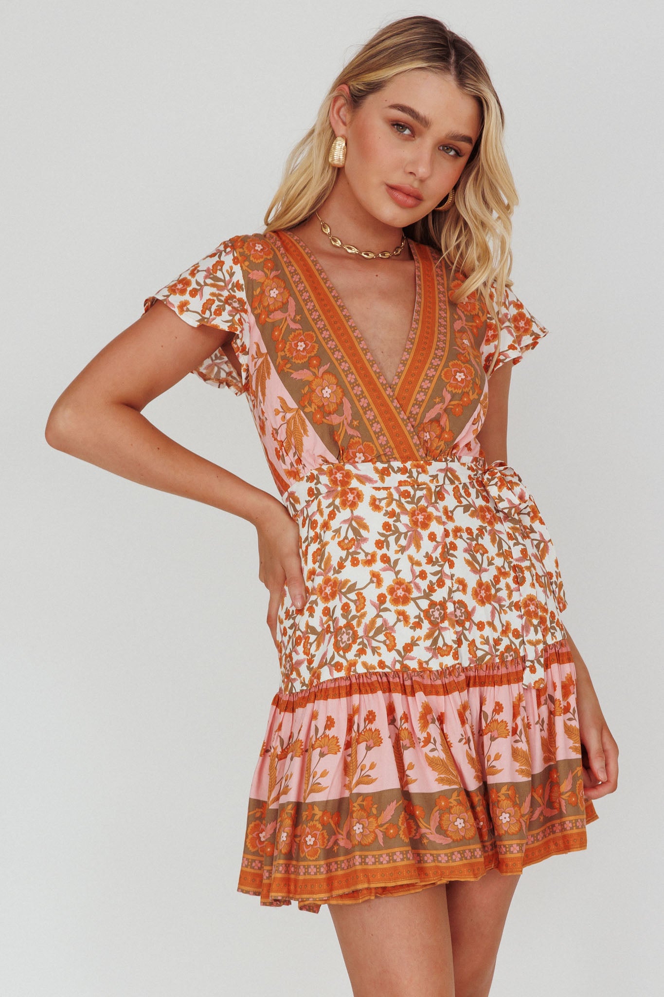 Mayan Angel Sleeve Waist Tie Wrap Dress Floral White/Pink by Selfie Leslie